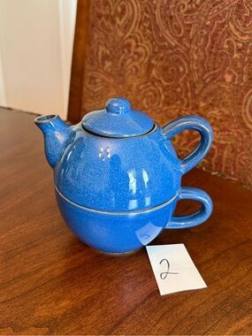 Pier 1 Blue Stoneware Tea for One Stackable 3-Piece Set with Teapot, Lid and Cup